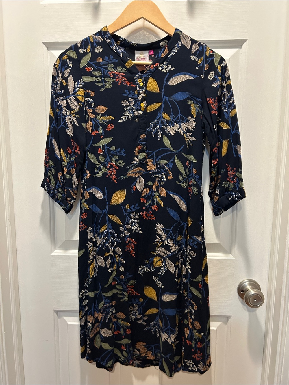 Neeru Kumar Floral Button-Front Navy Tunic Dress with Three-Quarter Sleeves